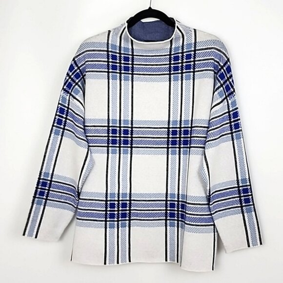 Tahari Sweaters - Tahari Women's Knit Blue White Plaid Pullover Sweater Mock Neck Size 1X